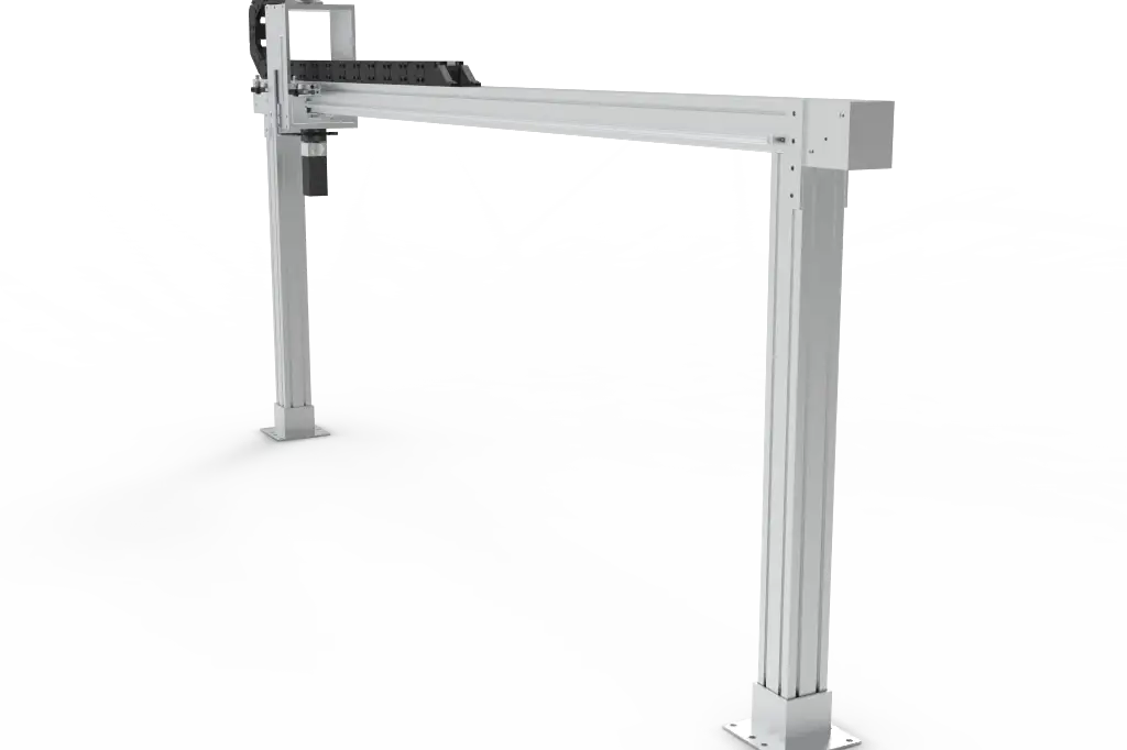 Puente robótico lineal de un solo eje con estructura de aluminio extrusionado y portacables para montaje en líneas automatizadas.