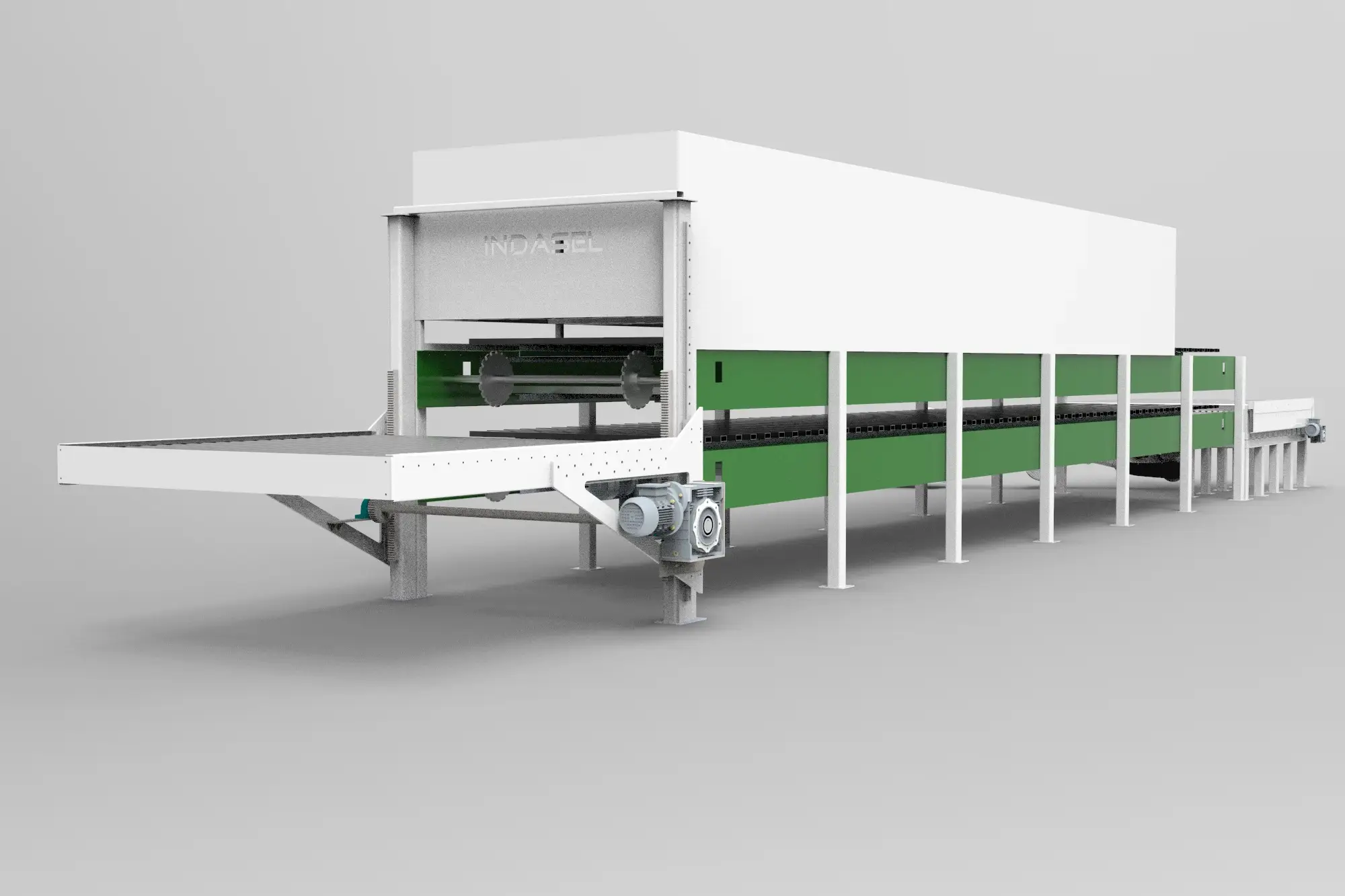 Horno o secador industrial con doble cinta transportadora, carenado de seguridad y sistema motorizado de entrada y salida.