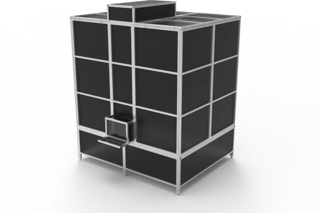 Cabina industrial cerrada con estructura de aluminio y paneles negros.