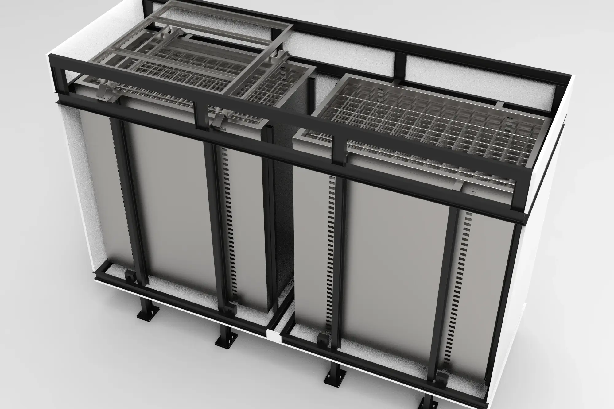 Vista superior de sistema modular con bandejas metálicas y estructura interna.