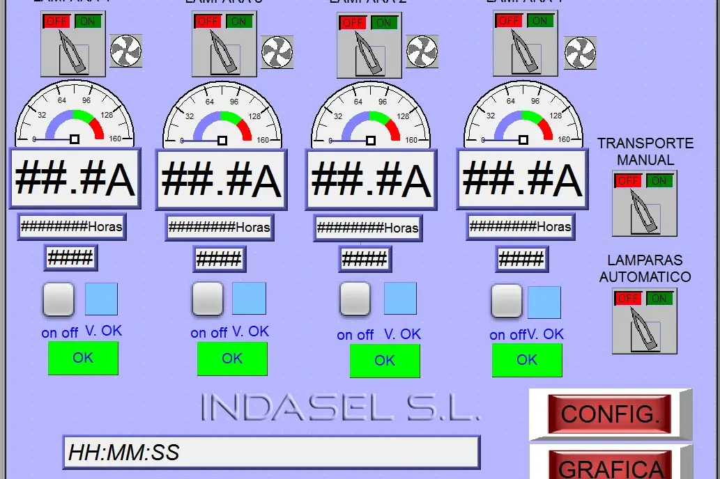 Interfaz de control de lámparas industriales con medidores de amperaje, horas de funcionamiento y modos automático y manual.